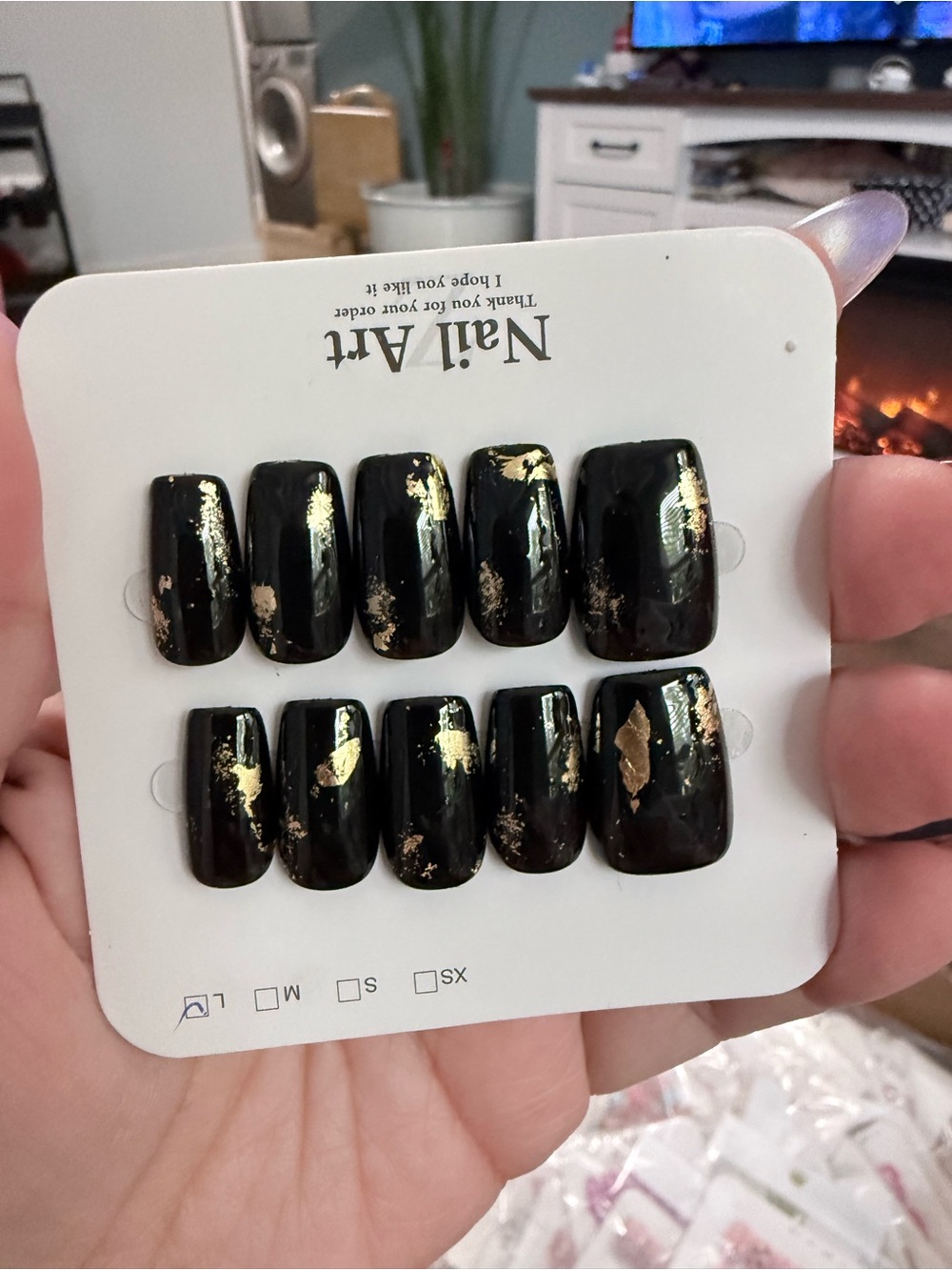 Black Press-On Nails with Gold Foil Accents